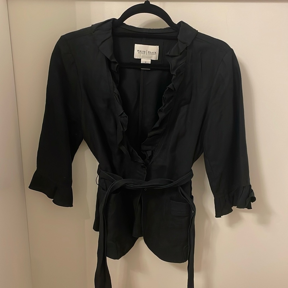 White House black market linen ruffle trim cardigan jacket